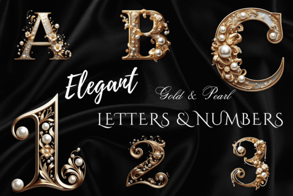 ELEGANT GOLD & PEARL LETTERS & NUMBERS Graphic Crafts By Pixels N Bows