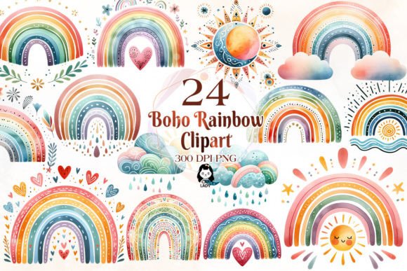 Watercolor Boho Rainbow Clipart Bundle Grafika Ilustracje do Druku Przez Cat Lady