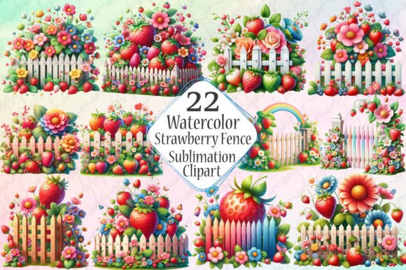 Watercolor Strawberry Fence Clipart Grafika Ilustracje AI Przez designhome