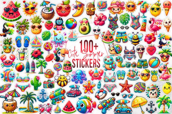100+ Cute Summer Stickers Bundle Gráfico Ilustrações para Impressão Por Aspect_Studio
