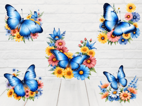 Blue Butterfly on Colorful Flowers Graphic Illustrations By DesignScape Arts