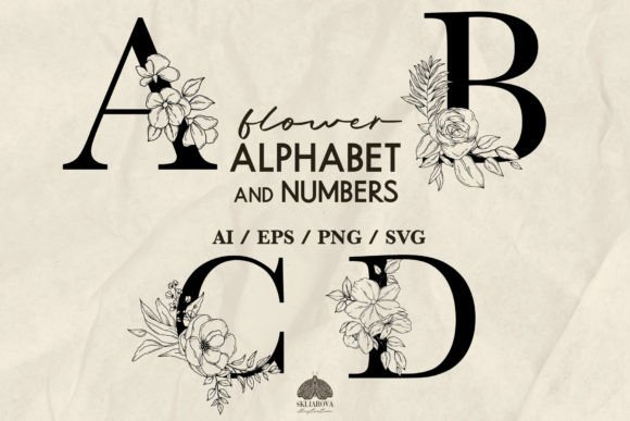 Flower Alphabet & Numbers Svg Png Eps Graphic Illustrations By HappyWatercolorShop