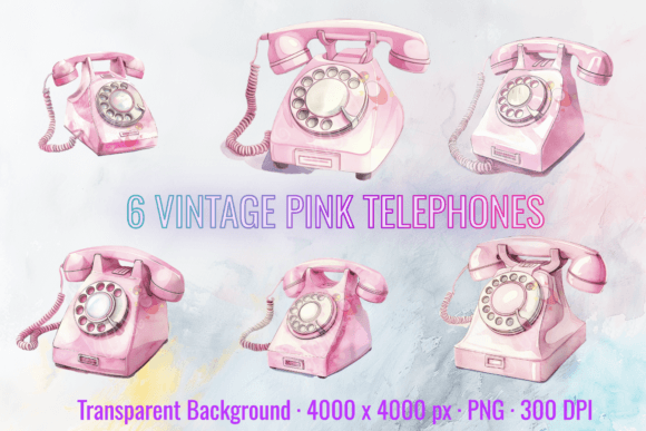 Vintage Pink Telephone Retro Clipart Set Grafica Illustrazioni Stampabili Di imperfectirissio
