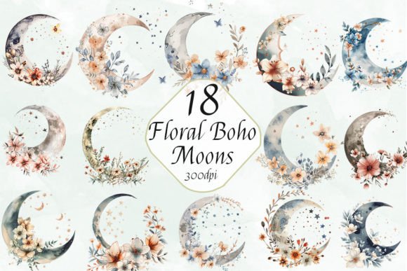 Watercolor Boho Floral Moon Clipart Set Illustration Illustrations Imprimables Par ArtCursor