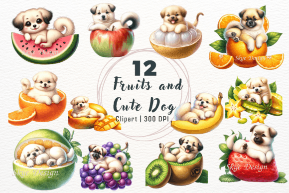 Watercolor Summer Fruits and Dog Clipart Afbeelding Afdrukbare Illustraties Door Skye Design