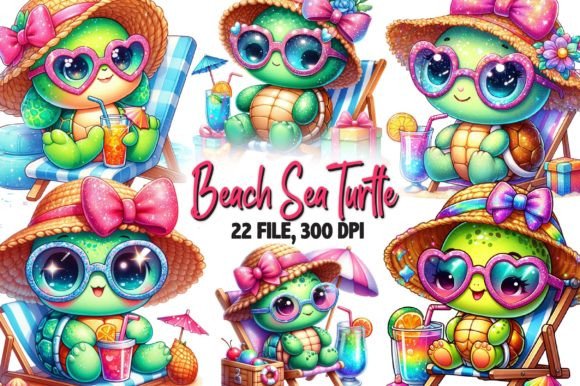 Chic Beach Sea Turtle Clipart Gráfico Ilustrações para Impressão Por Dreamshop