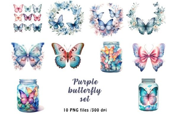Purple Butterfly Retro Sublimation Gráfico Ilustrações para Impressão Por NeriaLi