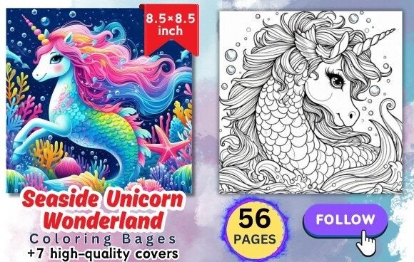 Seaside Unicorn Wonderland Coloring Page Grafica Pagine e libri da colorare per bambini Di Coffee mix