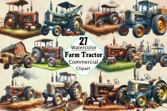 Watercolor Farm Tractor Clipart PNG Graphic Illustrations By SVGArt