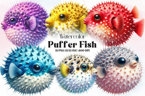 Watercolor Puffer Fish Clipart Bundle Graphic Illustrations By RevolutionCraft
