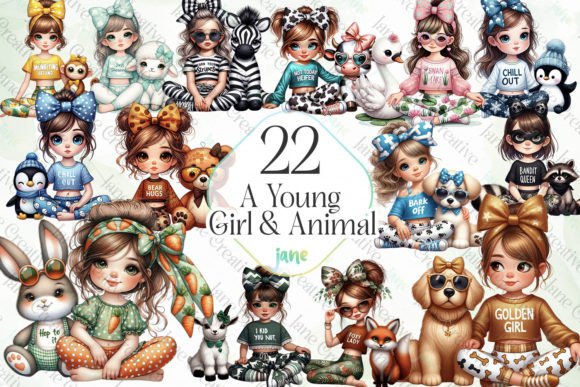 A Young Girl & Animal Sublimation Graphic Illustrations By JaneCreative