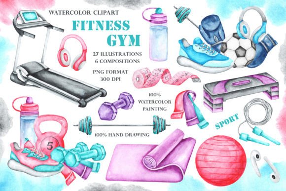 Gym, Fitness, Sport Watercolor Clipart. Graphic Illustrations By sabina.zhukovets