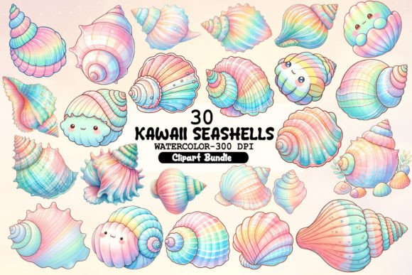 Kawaii Seashells Clipart Bundle Gráfico Ilustrações para Impressão Por Little Girl