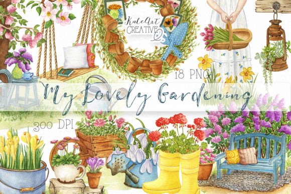 Watercolor Gardening Clipart. Vintage. Graphic Illustrations By KaleArtCreative