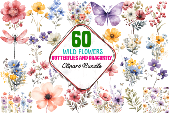 Wild Flowers Butterflies and Dragonfly Gráfico Ilustrações para Impressão Por CraftArt