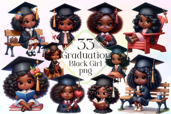 Cute Black Graduation Girl Clipart Gráfico Ilustrações para Impressão Por LiustoreCraft