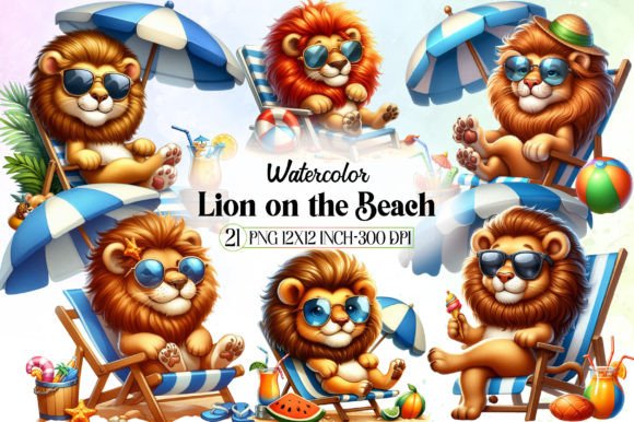 Cute Lion on the Beach Sublimation Illustration Illustrations Imprimables Par LibbyWishes