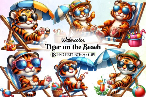 Cute Tiger on the Beach Sublimation Illustration Illustrations Imprimables Par LibbyWishes
