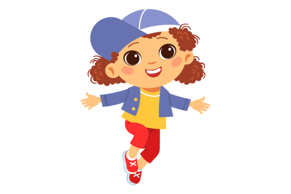 Cute Girl Running and Jumping. Happy Kid Grafik Druckbare Illustrationen Von vectorbum