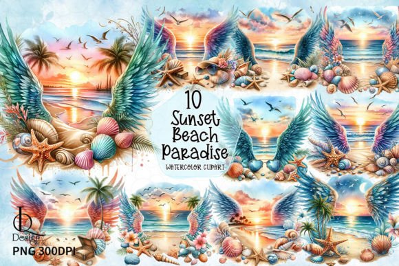 Sunset Beach Paradise Clipart PNG Graphic Illustrations By LQ Design