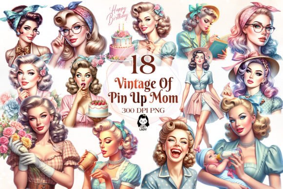 Vintage Pin Up Mom Sublimation Clipart Graphic Illustrations By Cat Lady