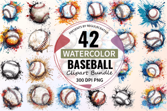 Watercolor Baseball Clipart Bundle Gráfico Ilustrações para Impressão Por Regulrcrative