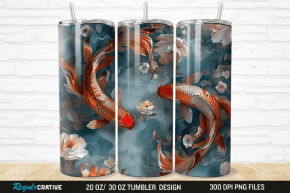 3D Floral Koi Fish 20/30 Oz Tumbler Wrap Graphic Illustrations By Regulrcrative