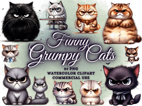 Cute Grumpy Cats Clipart - Funny Cat Png Gráfico Ilustrações em IA Por Artistic Revolution