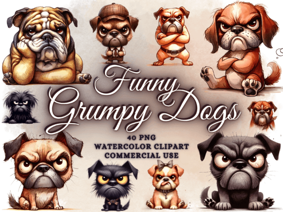 Funny Grumpy Dogs Clipart Funny Dog Png Grafika Ilustracje do Druku Przez Artistic Revolution