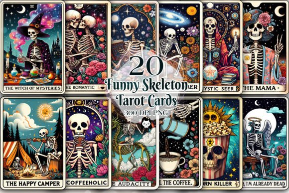 Funny Skeleton Tarot Cards Sublimation Graphic Illustrations By Cat Lady