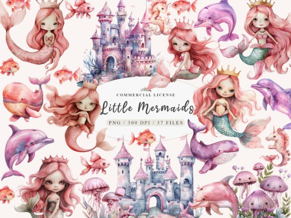 Little Mermaid Png, Sea Animals Clipart Graphic Illustrations By UsisArt