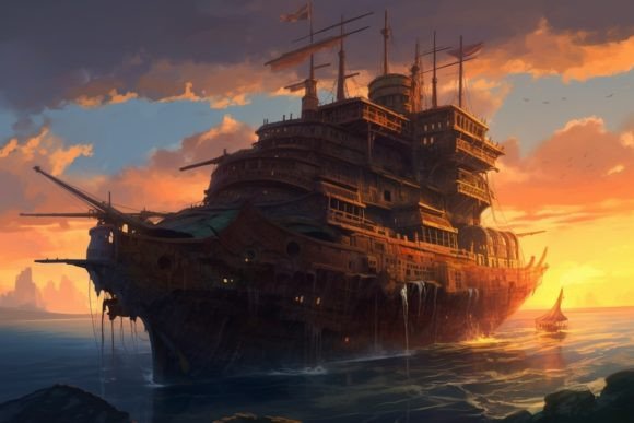 Old Medieval Ship on Beautiful Sunset. G Graphic AI Illustrations By RoMashkaVector