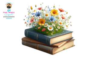 Spring Books with Wildflowers Clipart Grafika Ilustracje do Druku Przez sagorarts 1