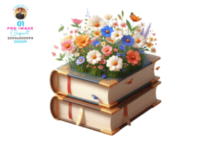 Spring Books with Wildflowers Clipart Gráfico Ilustrações para Impressão Por sagorarts 1