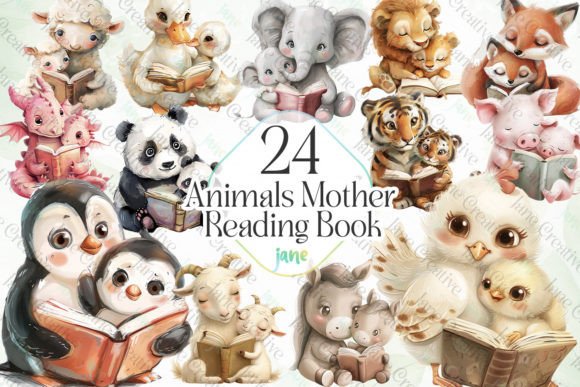 Animals Mother Reading Book Sublimation Graphic Illustrations By JaneCreative