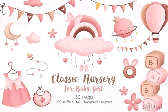 Classic Nursery for Baby Girl Clipart Graphic Illustrations By Stellaart