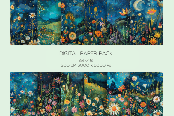 Evening Wildflowers Digital Paper Set Graphic Illustrations By StellarMockups&Graphics