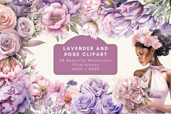 Lavender and Rose Clipart Grafika Ilustracje do Druku Przez Enchanted Marketing Imagery