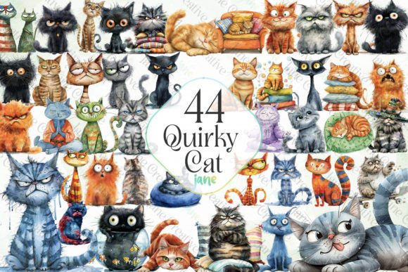 Quirky Cat Sublimation Clipart Gráfico Ilustrações para Impressão Por JaneCreative