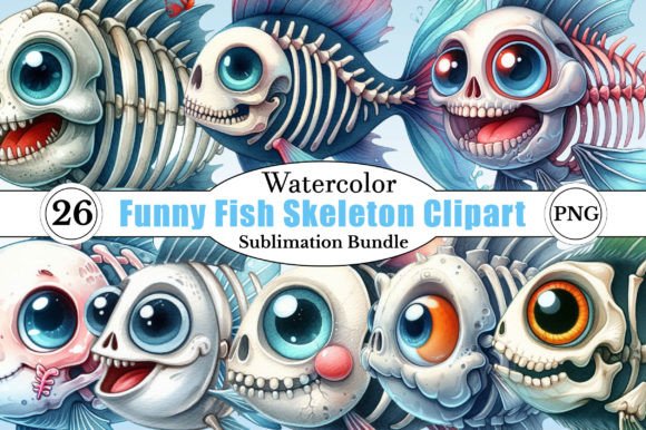 Watercolor Funny Fish Skeleton Clipart Graphic Illustrations By CitraGraphics