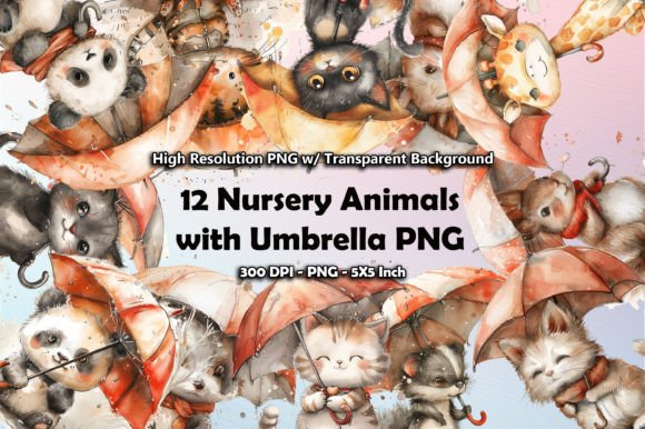 12 Nursery Animals with Umbrella PNG Graphic Illustrations By printztopbrand