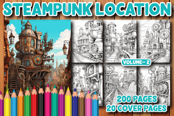200 Steampunk Location Coloring V-2 Graphic Coloring Pages & Books Adults By MN DeSign