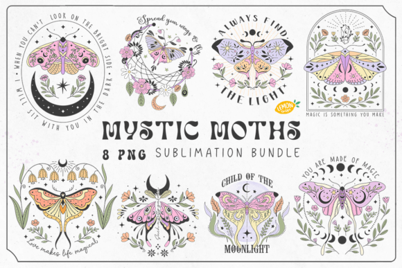 Boho Mystic Moths PNG Sublimation Bundle Gráfico Manualidades Por Lemon.design