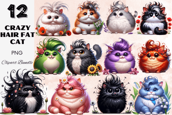 Fat Cat Fluffy Feline Crazy Hairstyle Gráfico Ilustrações para Impressão Por Painting Pixel Studio