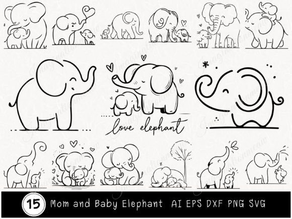 Mom and Baby Elephant SVG Afbeelding Afdrukbare Illustraties Door Imagination Meaw