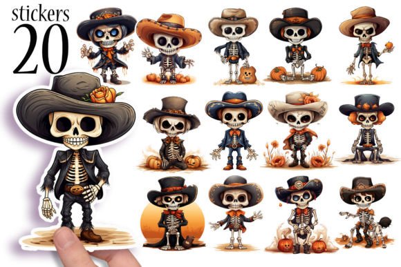 Skeleton Cowboy Halloween Stickers Graphic Crafts By TheDigitalDeli