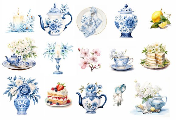 Watercolor Chinoiserie Tea Party Clipart Graphic AI Graphics By Felwa