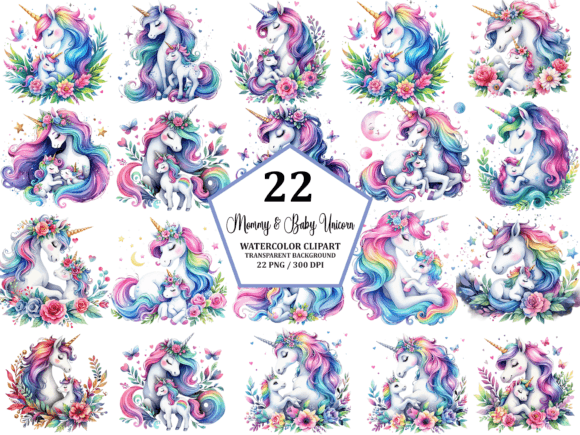 Watercolor Mommy & Baby Unicorn Clipart Graphic Illustrations By Pixelique