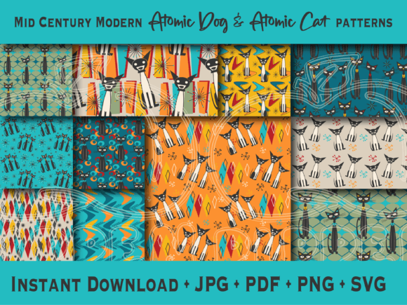 Atomic Dog Cat Patterns, Digital Papers Grafika Papierowe Wzory Przez Blynn Pippen