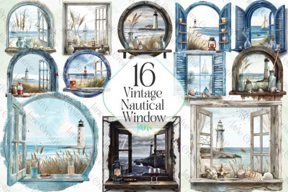 Vintage Nautical Window Sublimation Afbeelding Afdrukbare Illustraties Door JaneCreative